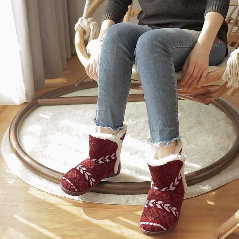 MIXIN Women Comfort Warm Fluffy Faux Fur Slipper Boots Soft Memory Foam Ankle Booties House Pull on Shoes Anti-Slip Sole Indoor Outdoor (9, Red, numeric_9) - Image 2
